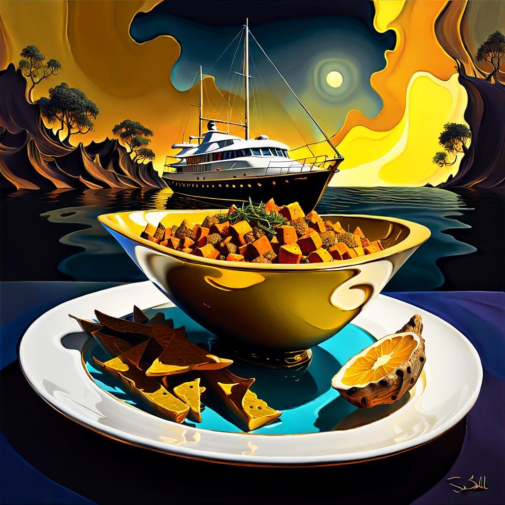 Dark yellow yacht yam dinner intricately illuminated, Inferno, impasto, digital, Dali, Yvette 🖼 🎨🖌