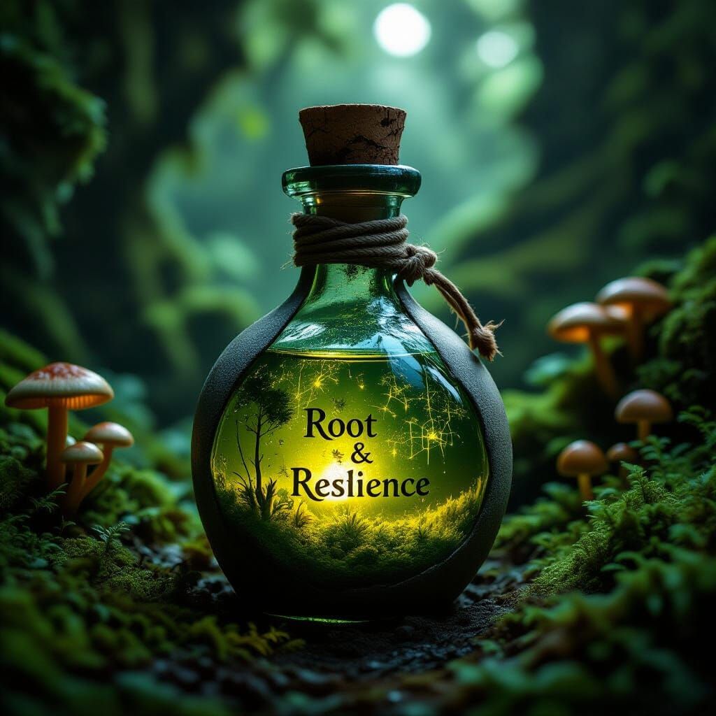 Earthenware Flask with Glowing Potion in Forest Grotto
