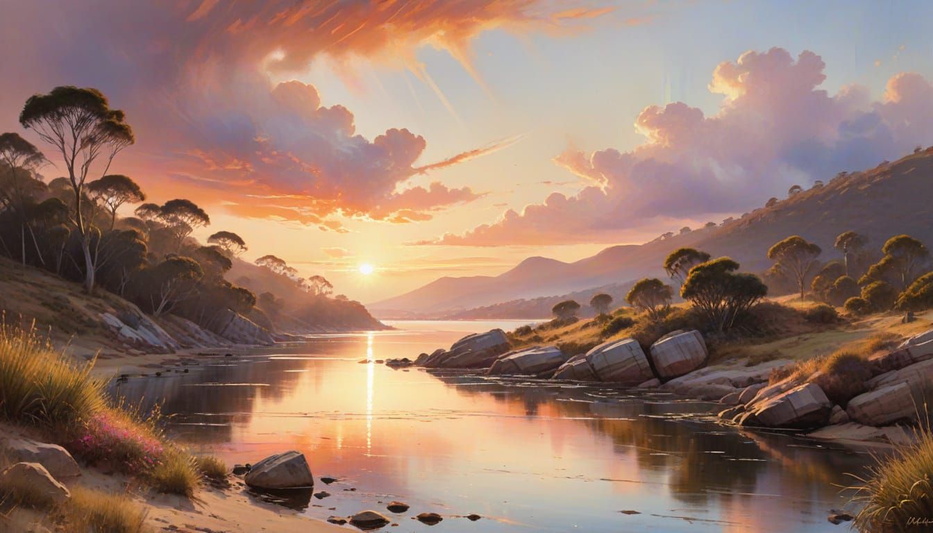 Warm Sunrise Over Mountain Range in Expressive Watercolour S...