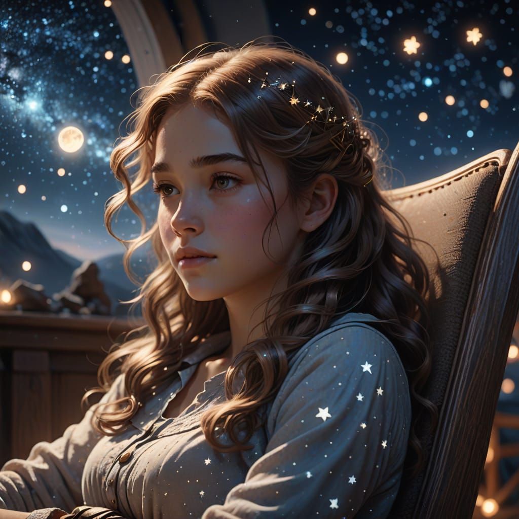 Dreamy Girl on Rocking Chair with Starry Visions