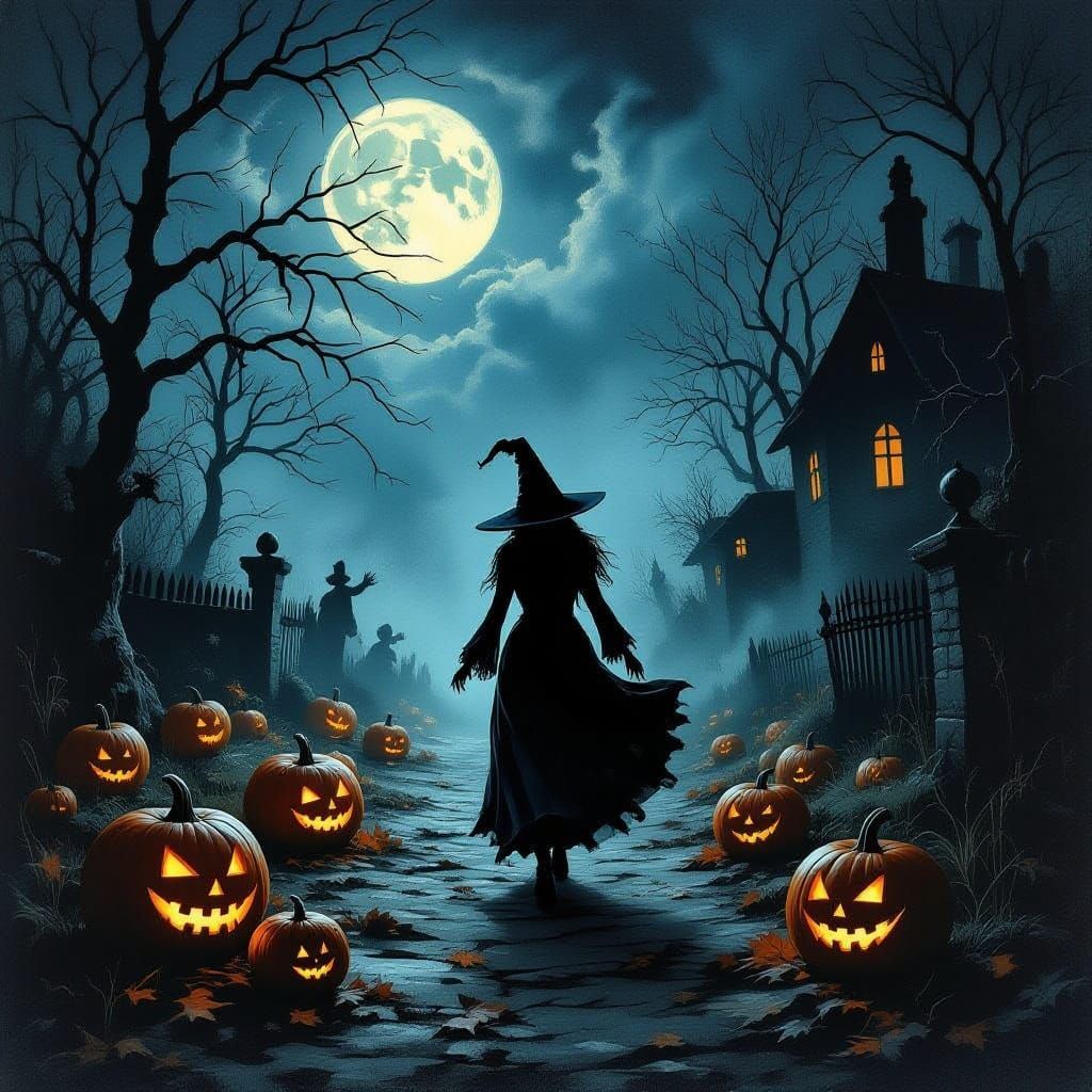 Eerie Halloween Night With Witch Dragging Pumpkin