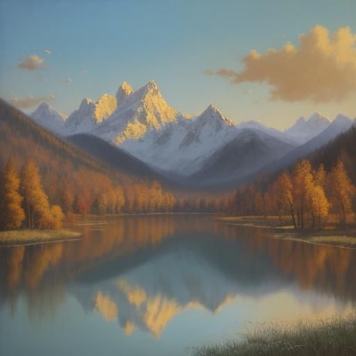 Serene Landscape with Majestic Mountains in Golden Light