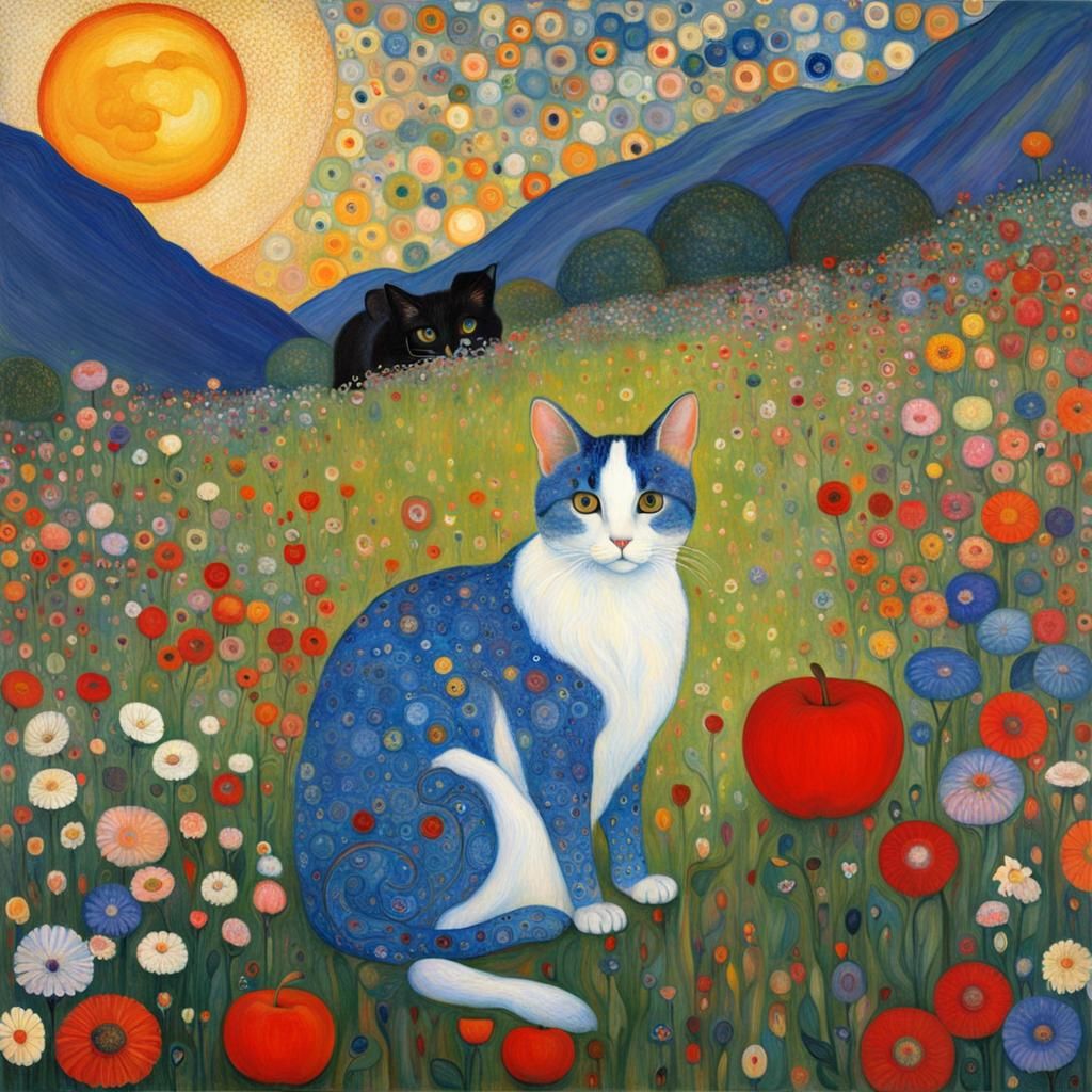 Cat and Rabbit in Flower Garden: Klimt Style