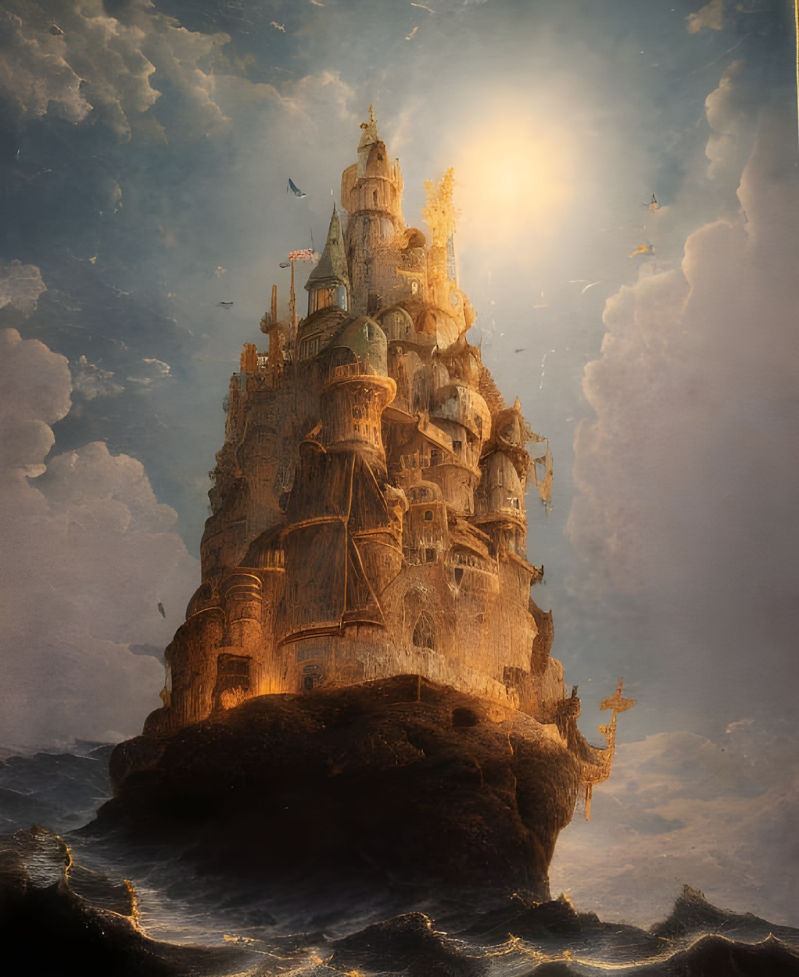 Island Kingdom at Night: Surreal Oil Painting with Stone Inl...