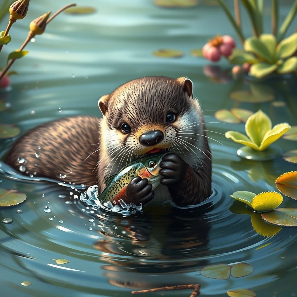 Playful Otter in River, Eating Shimmering Fish