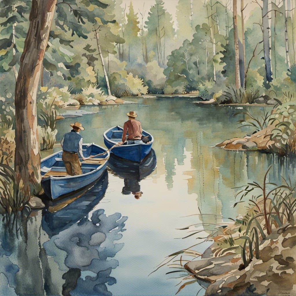 Watercolor Painting of Two Men in Blue Boat