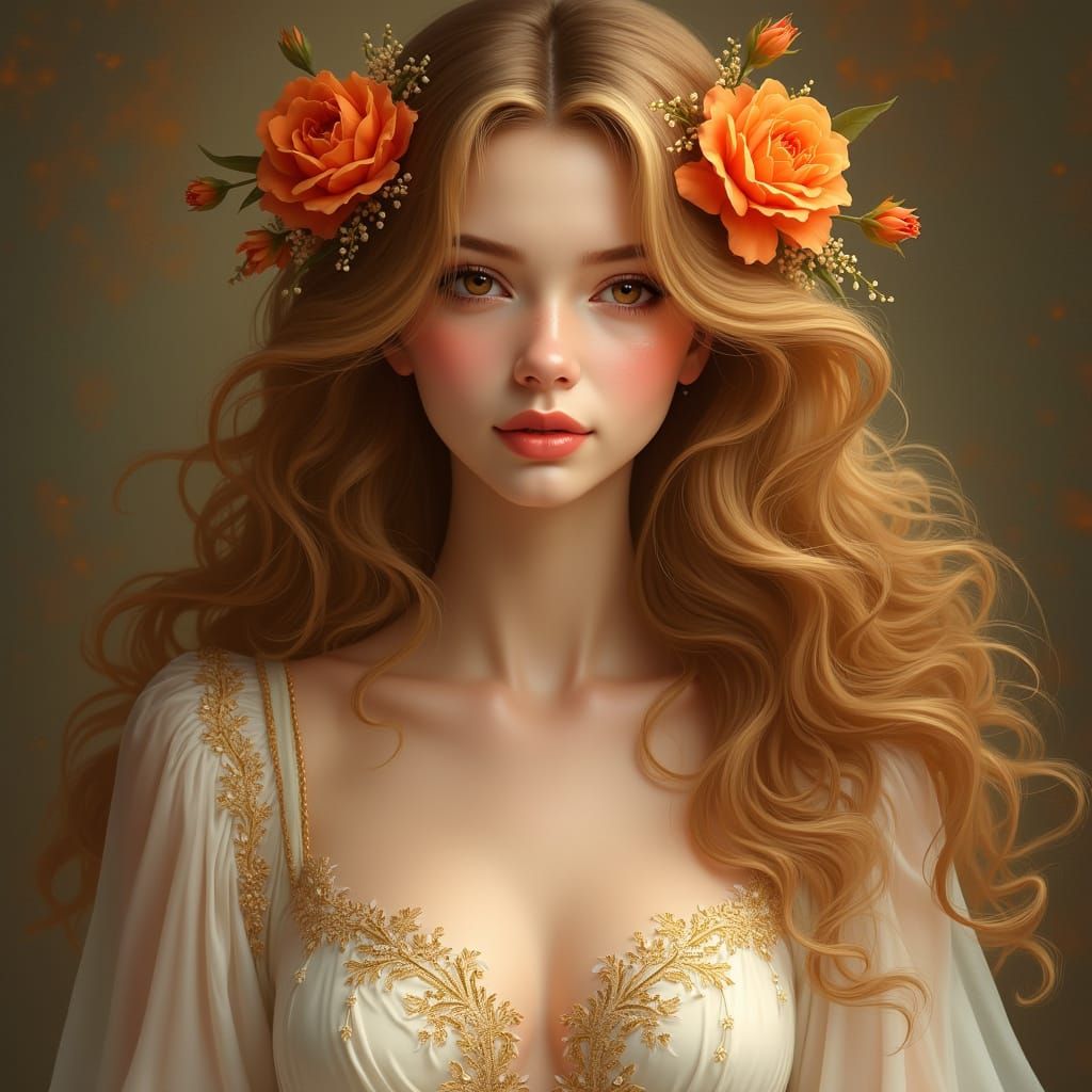 Golden Haired Woman with Flowers, Fantasy Realism Portrait