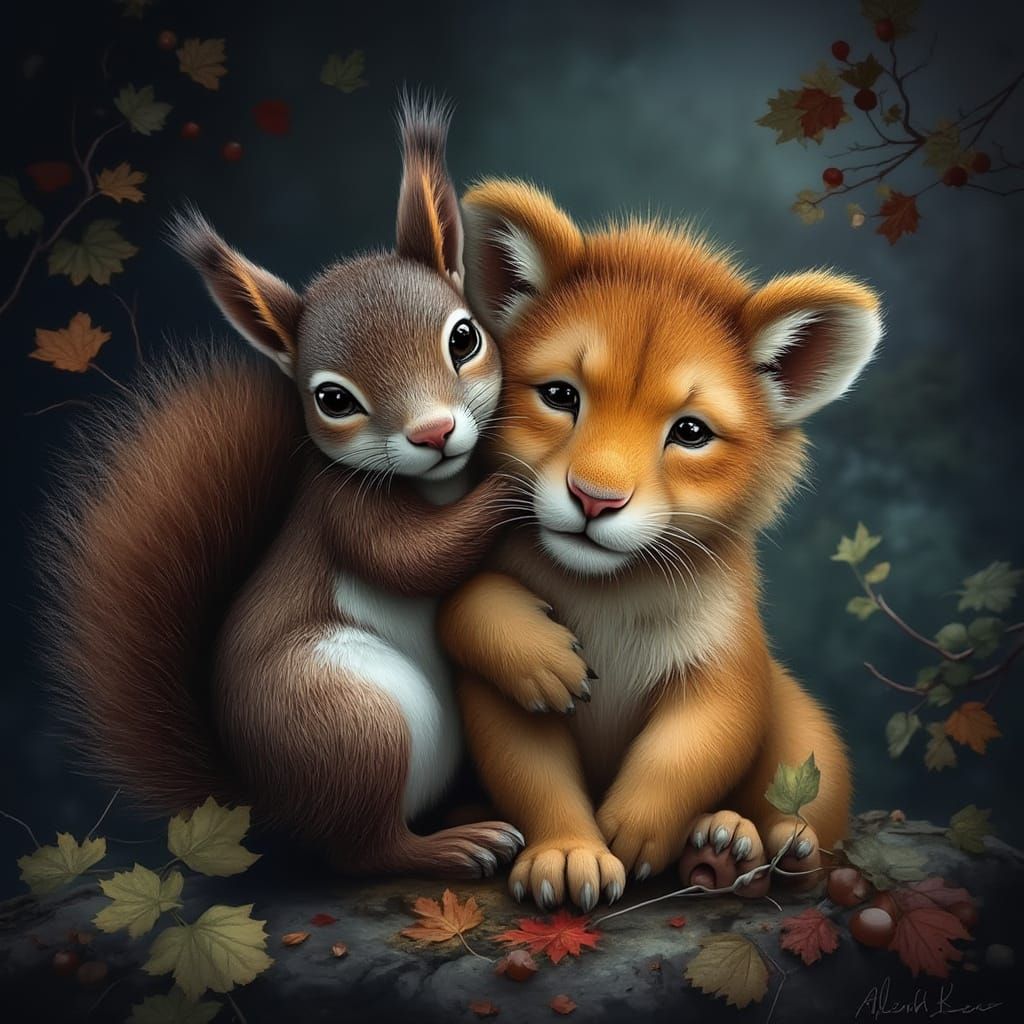 Squirrel and Lion Best Friends in Autumn Masterpiece