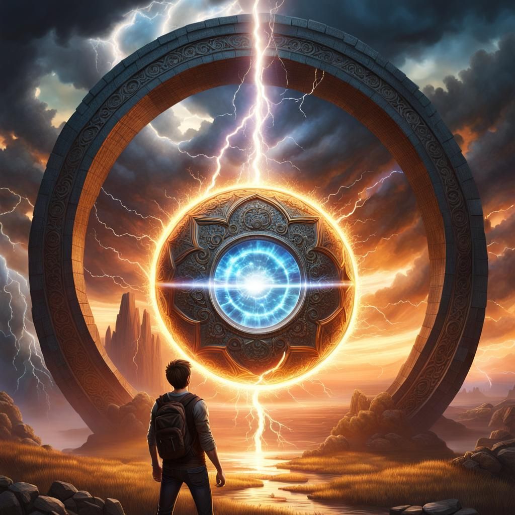 Teenage boy standing in front of a magical portal