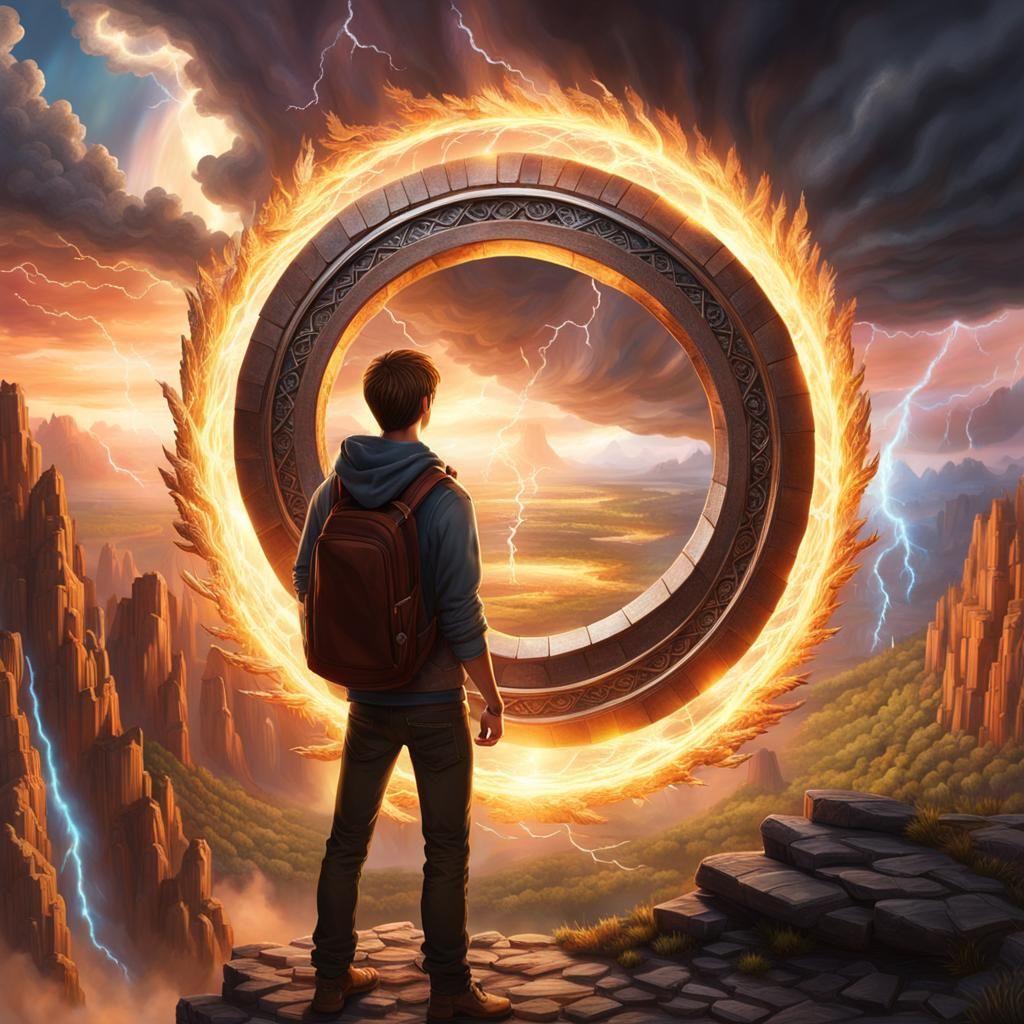 Teenage boy standing in front of a magical portal