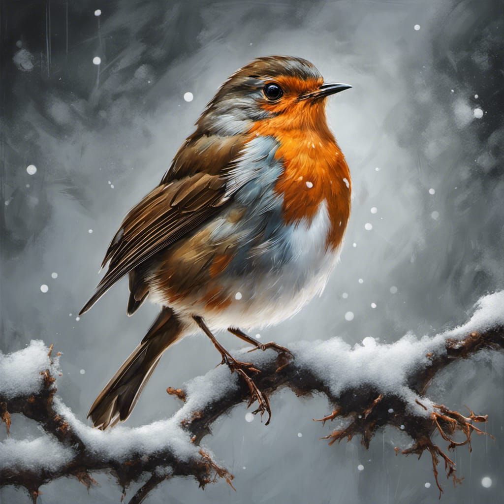 European Robin on Snowy Branch: Realistic Oil Painting