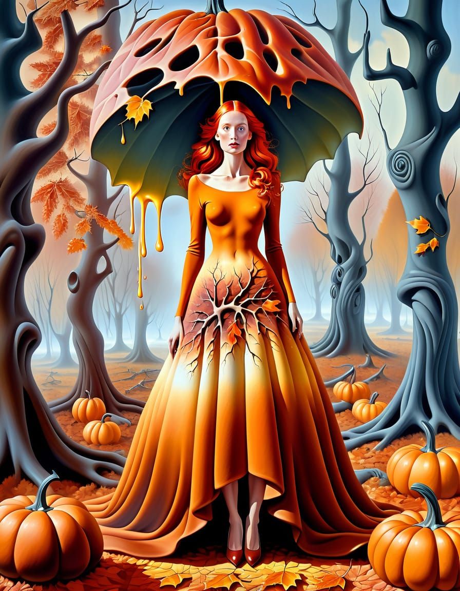 Redhead in Melting Leaf Dress in Autumn Forest