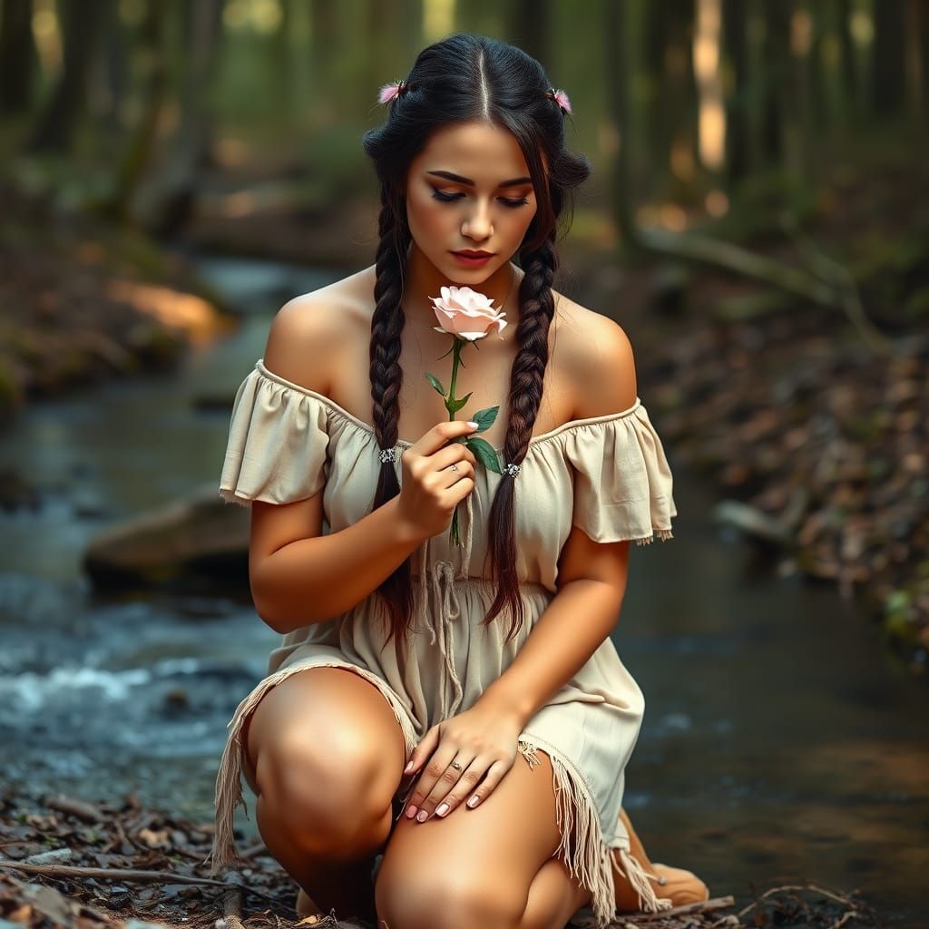 Native American Woman in Woods, Kneeling by Stream in Hyper-...