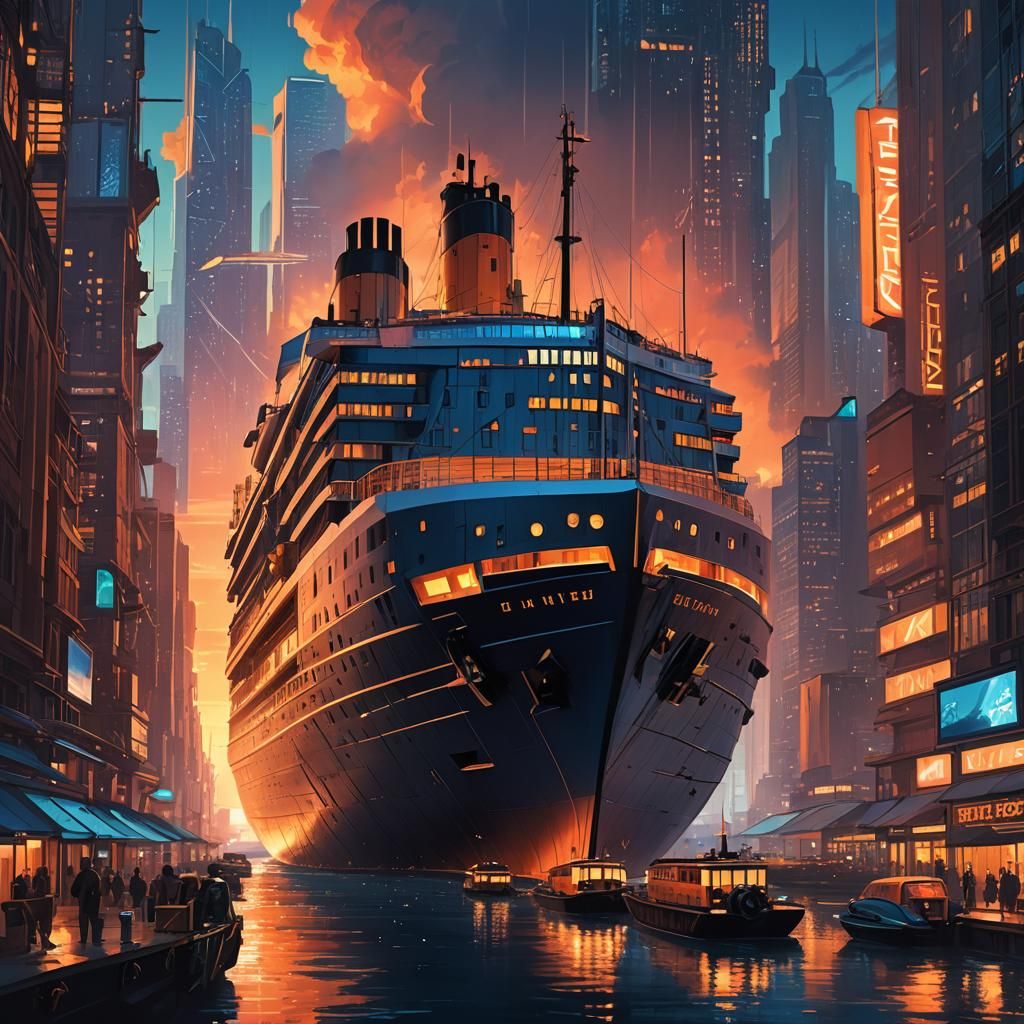 Titanic in Futuristic Cityscape Concept Art