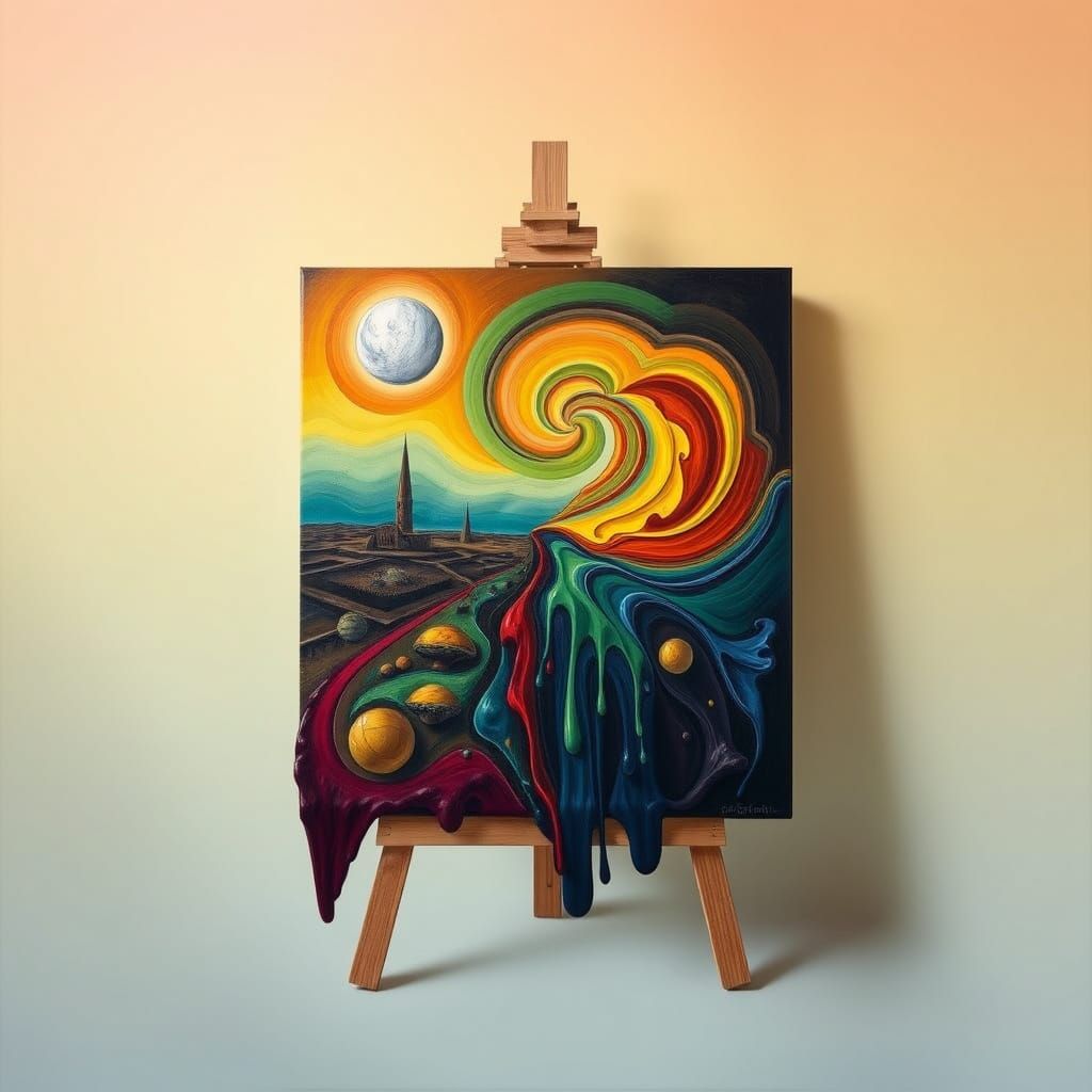 Surrealist Scene with Melting Oil Painting and Gradient Sky