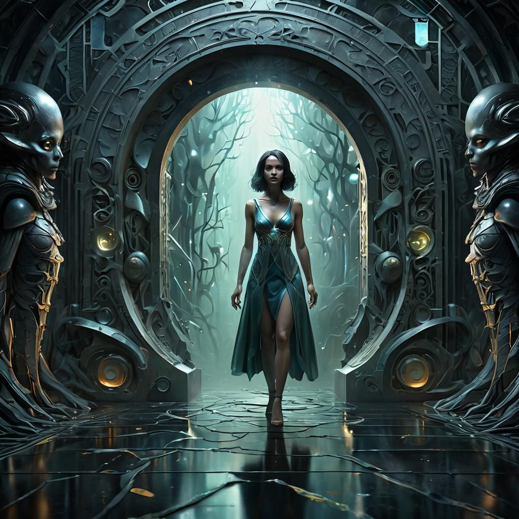 Woman Enters Alien Portal in Cubist Style