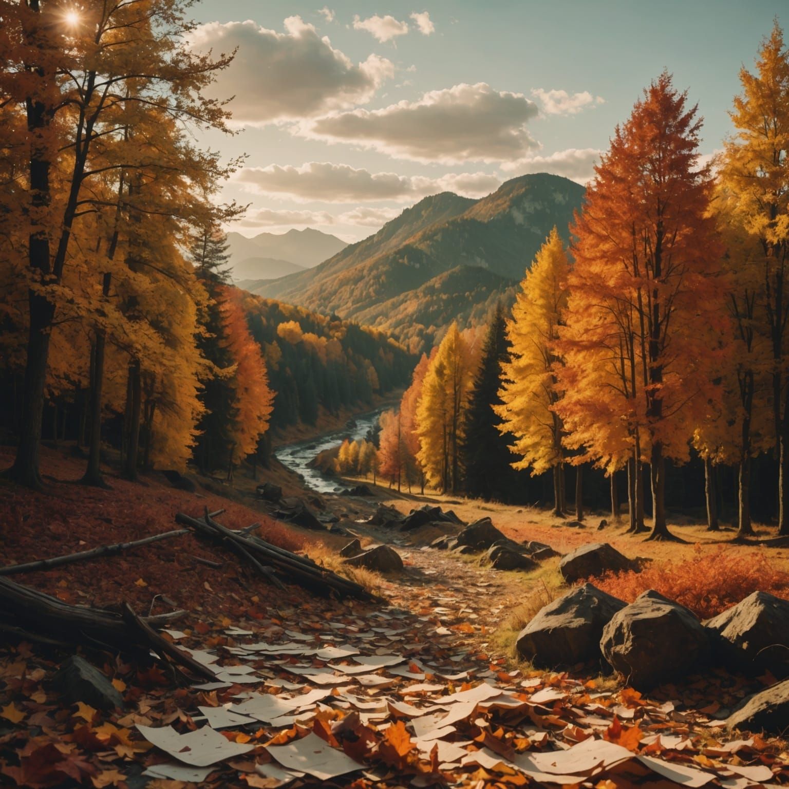 Autumn Landscape in Torn Paper Collage Style