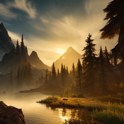 Golden Skyrim Landscape with Dragonborn