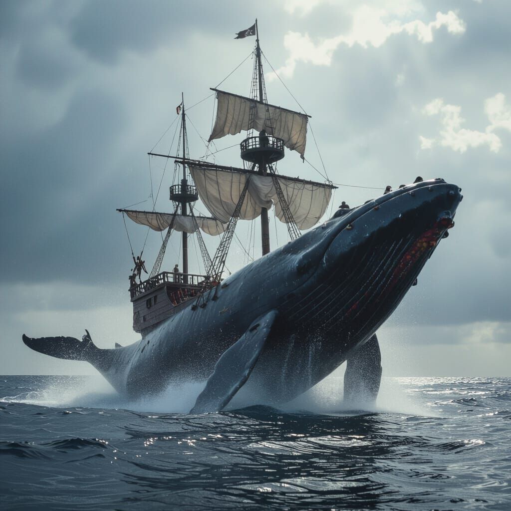Colossal Whale Breaching with Pirate Ship Attached
