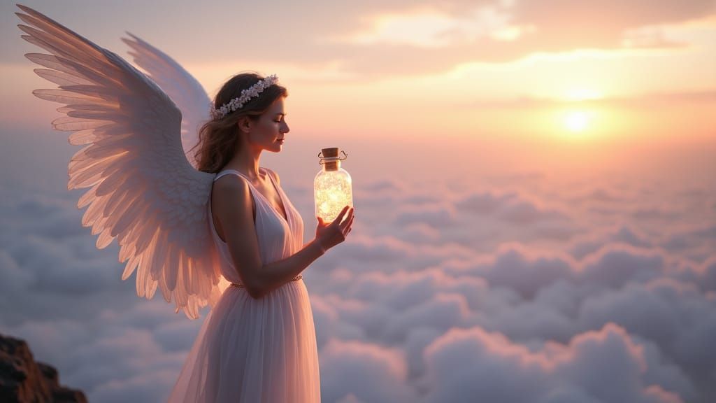 Angel Collecting Tears in Celestial Landscape