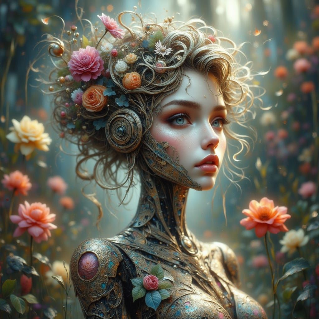 Elegant Nymph Cyborg Robot with Floral Metal Accents