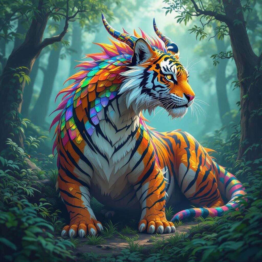 Hybrid Dragon-Tiger Creature in Mystical Forest