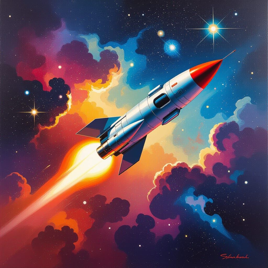 Rocket Soaring Through Space in Space Opera Style