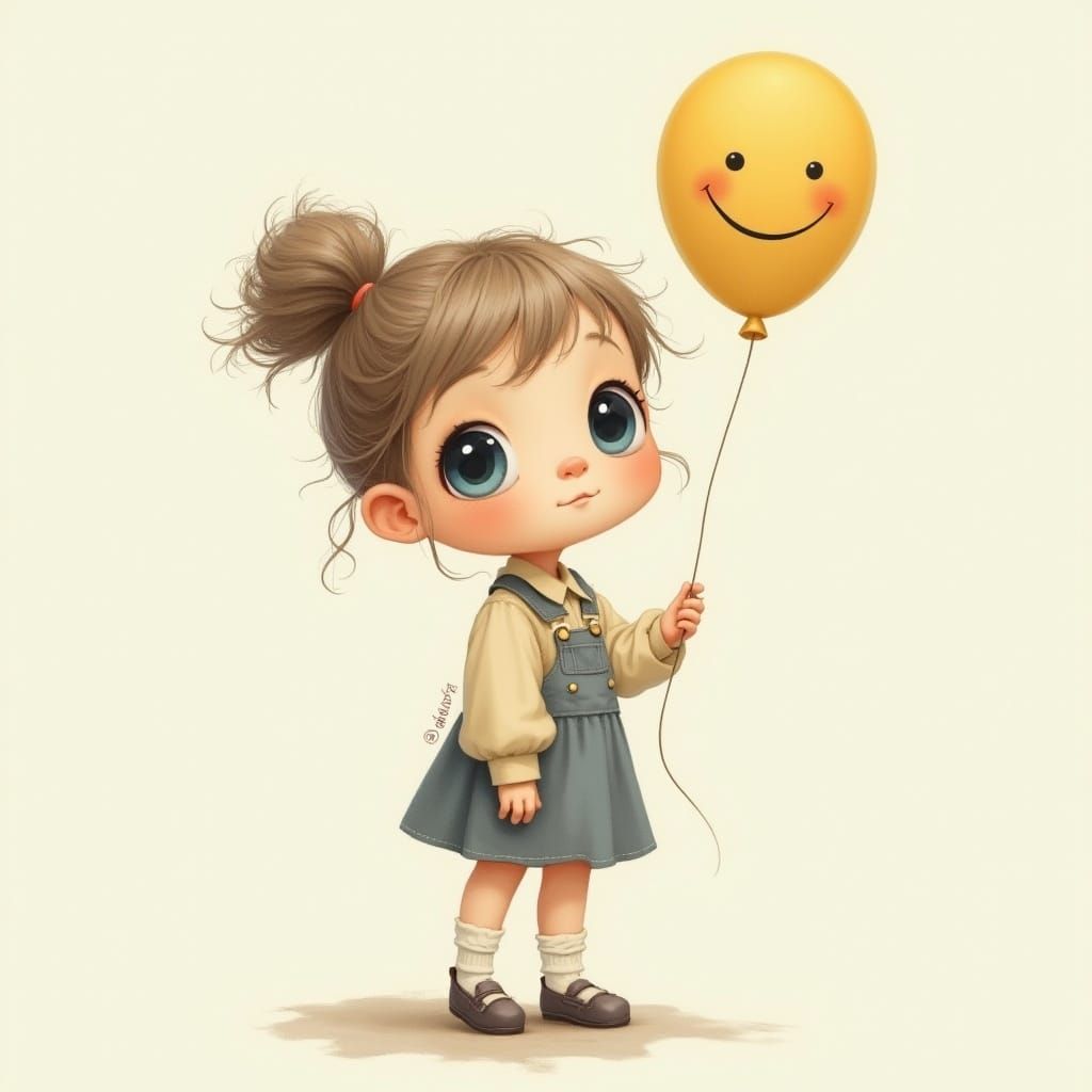 Whimsical Girl with Balloon in Delicate Style
