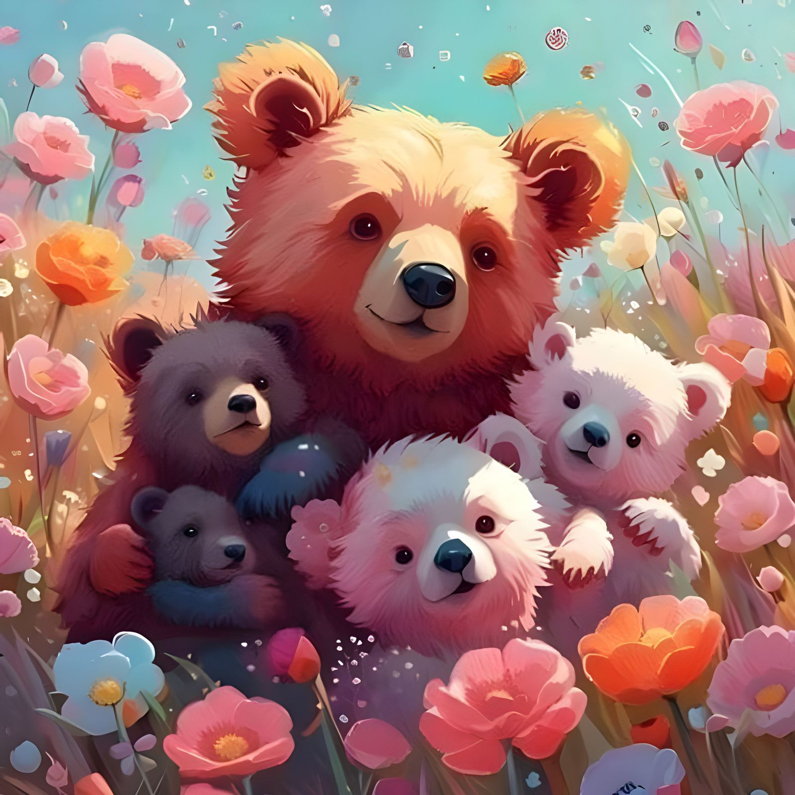Bear Family in a Flower Field