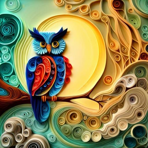 Paper Quilled Owl in Surreal Landscape