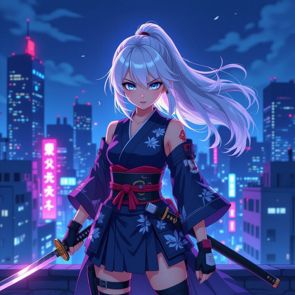 Anime Samurai Girl in Neon Cyberpunk City