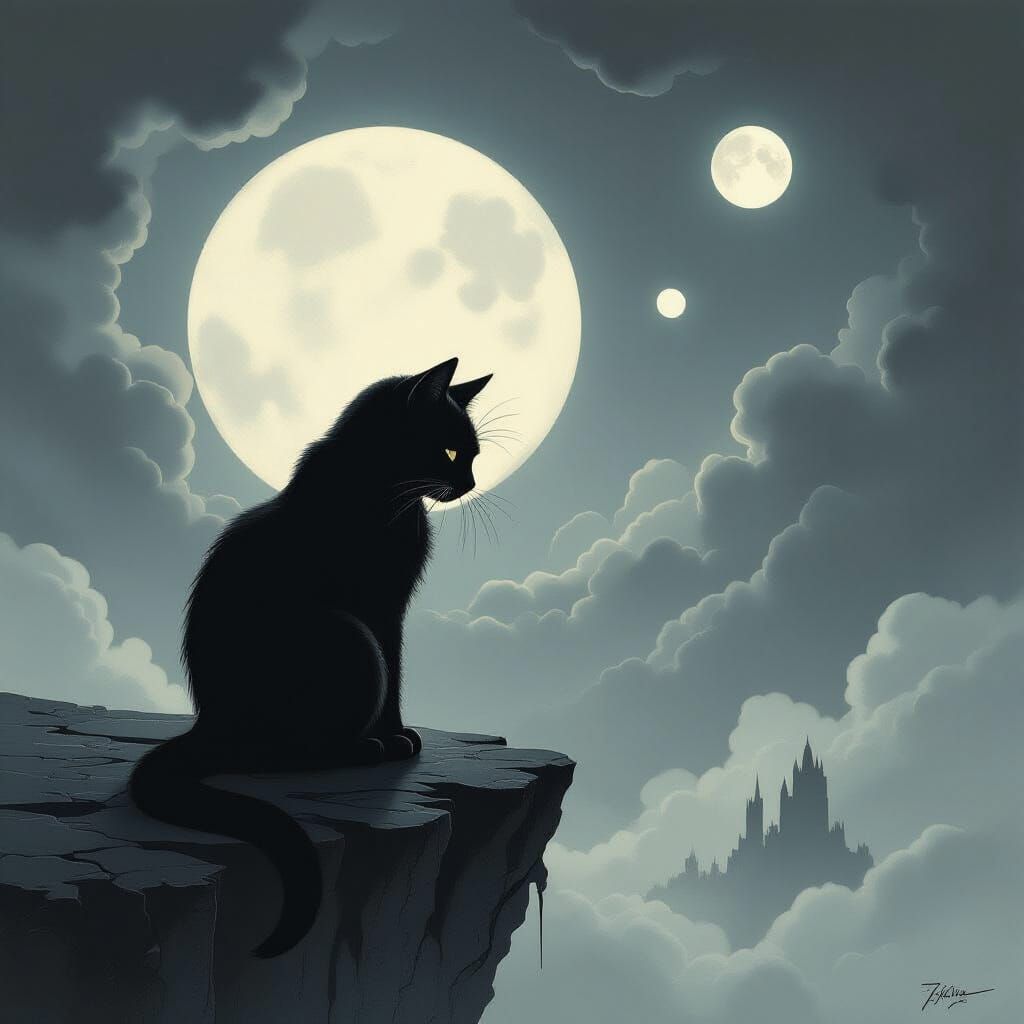 Shadowy Cat on Floating Island Under Fractured Moons