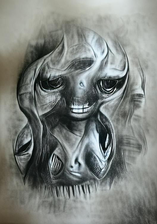 Alien Face in Charcoal Drawing