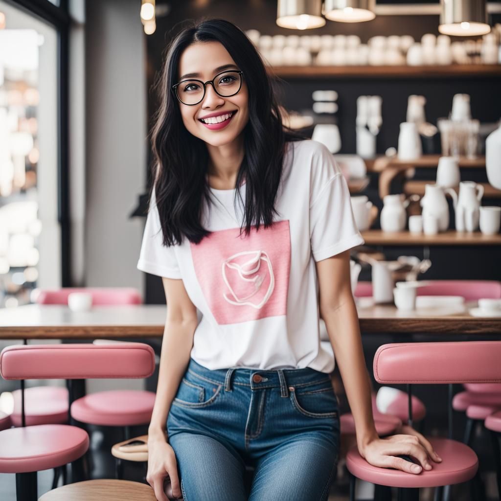 Smiling Girl in Cafe with Square Glasses