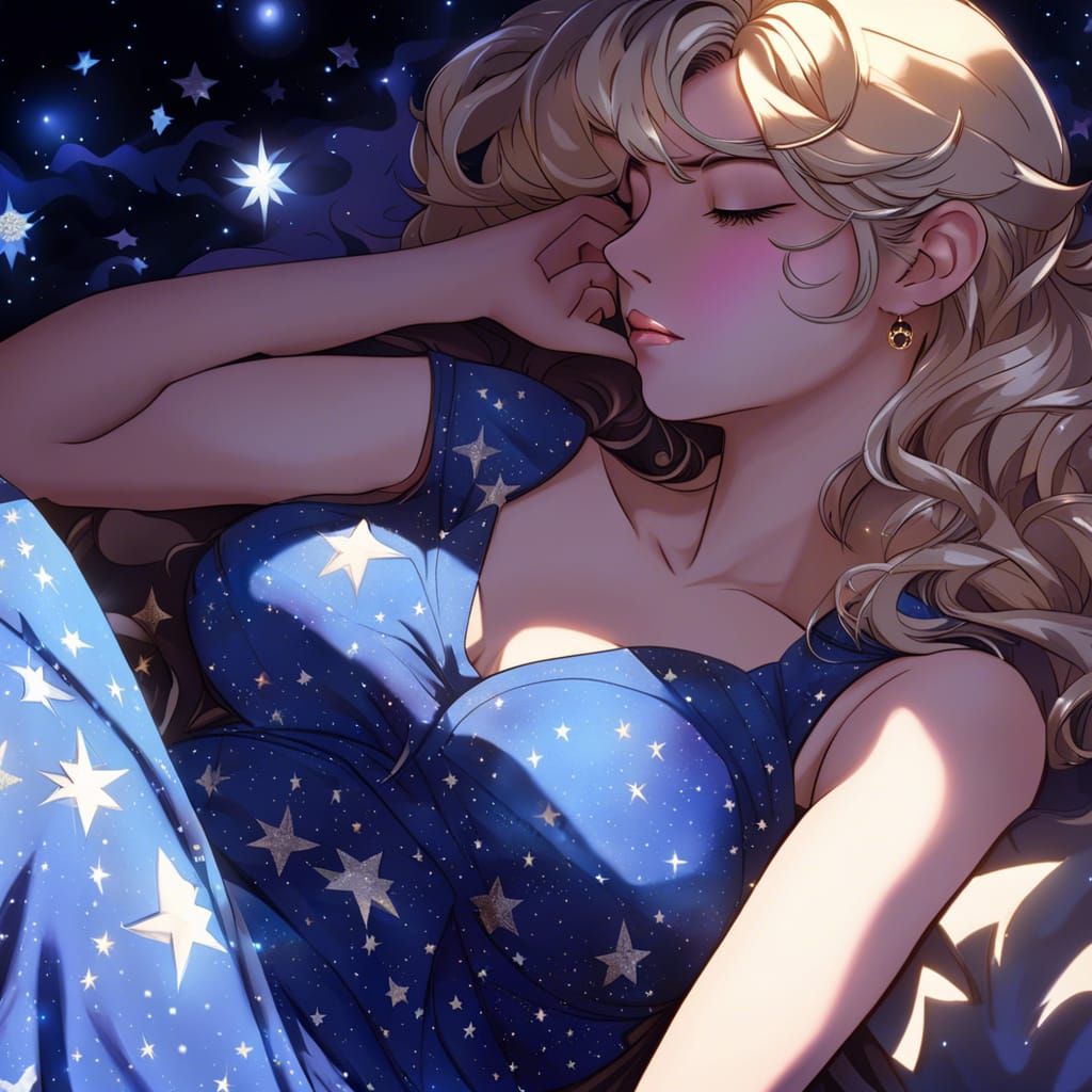 Sleeping Woman in Starry Night Clothes, Anime Style
