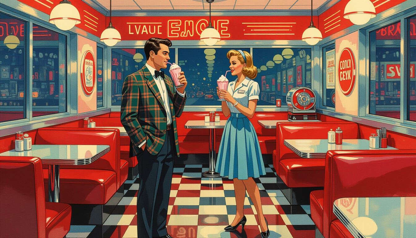 Retro Diner Scene in Comic Book Art Style