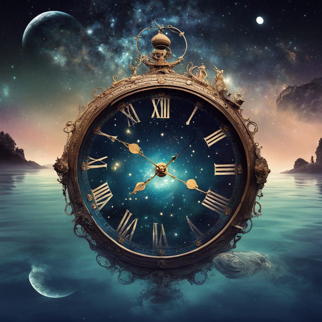 Surreal Dreamscape: Ancient Clock Submerged in Galactic Lake