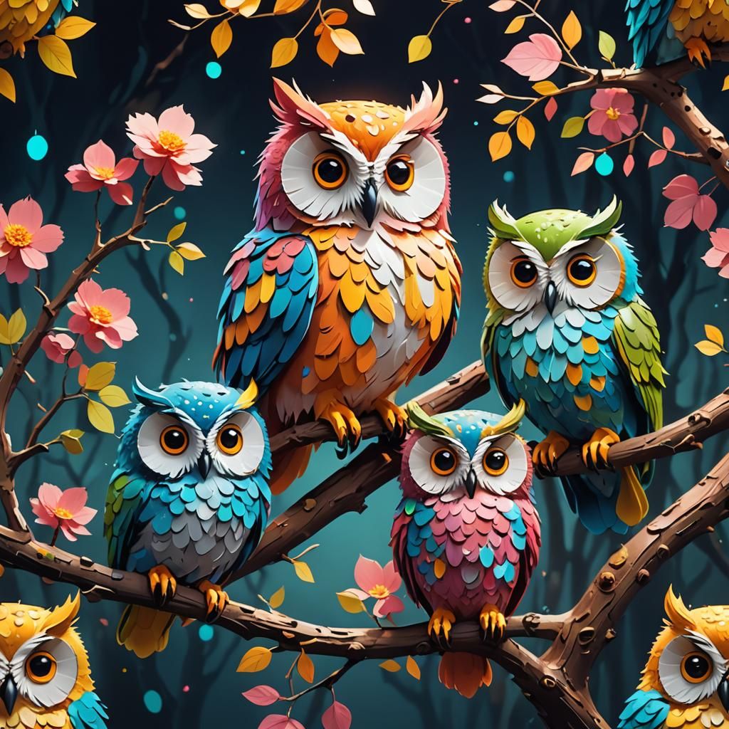 Colorful Fluffy Owls on a Branch, Gouache Art