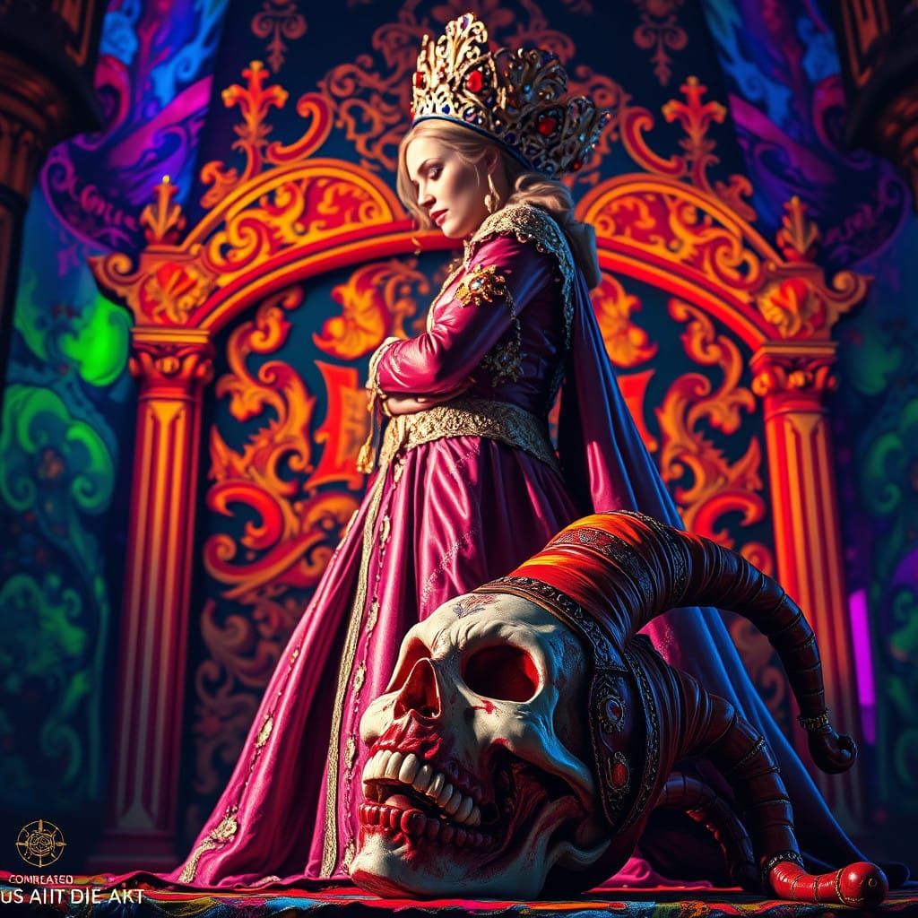 Regal Queen Confronts Jester's Severed Head in Hyperrealisti...