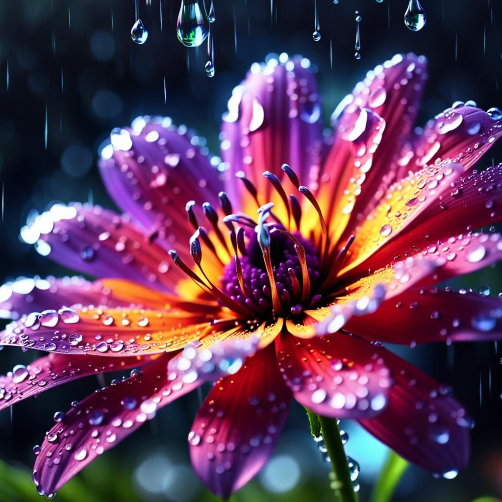 Glowing Flower Macro in Rain with Bokeh Lights