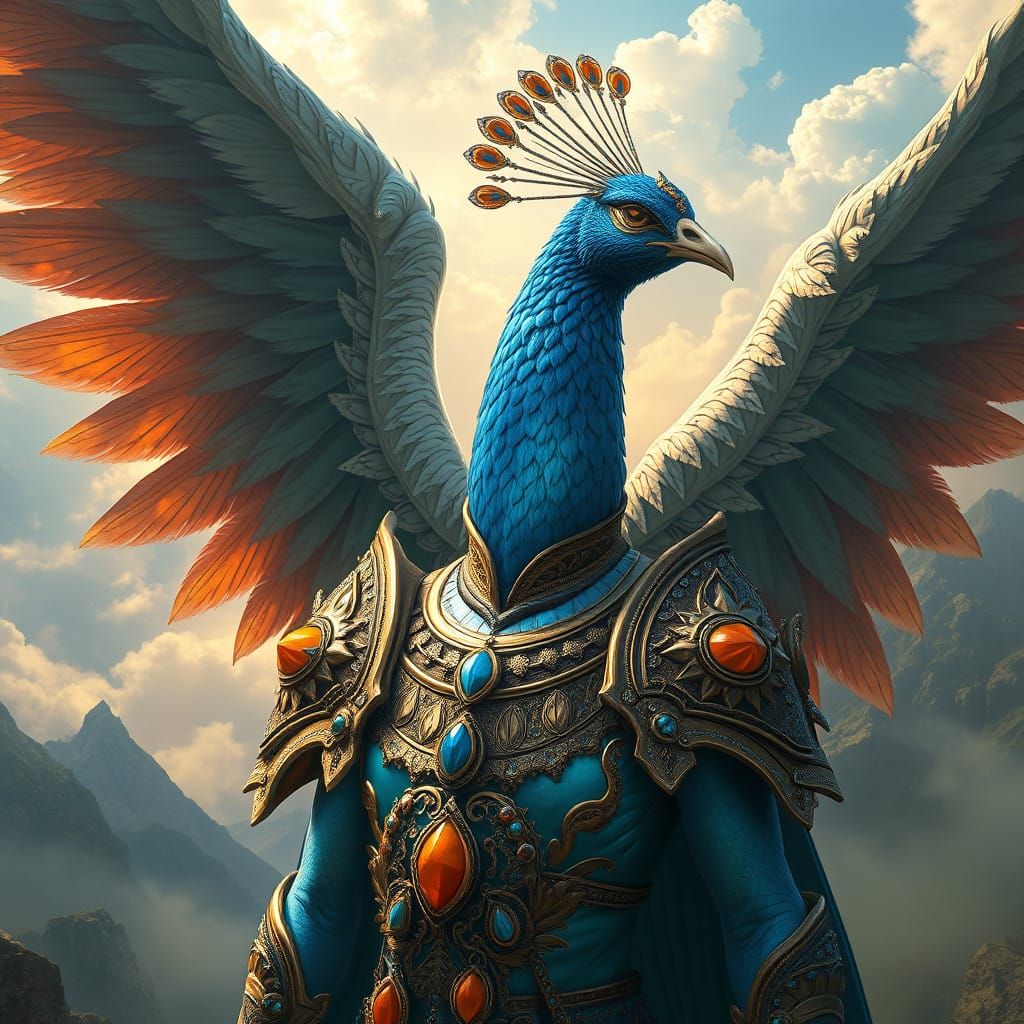 Surreal Peacock Angel in Lush, Dreamlike Landscape