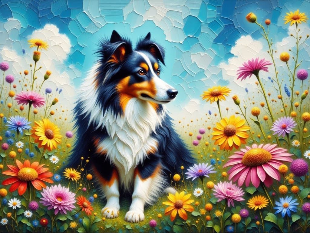 Border Collie in Floral Meadow as Impasto Oil Painting