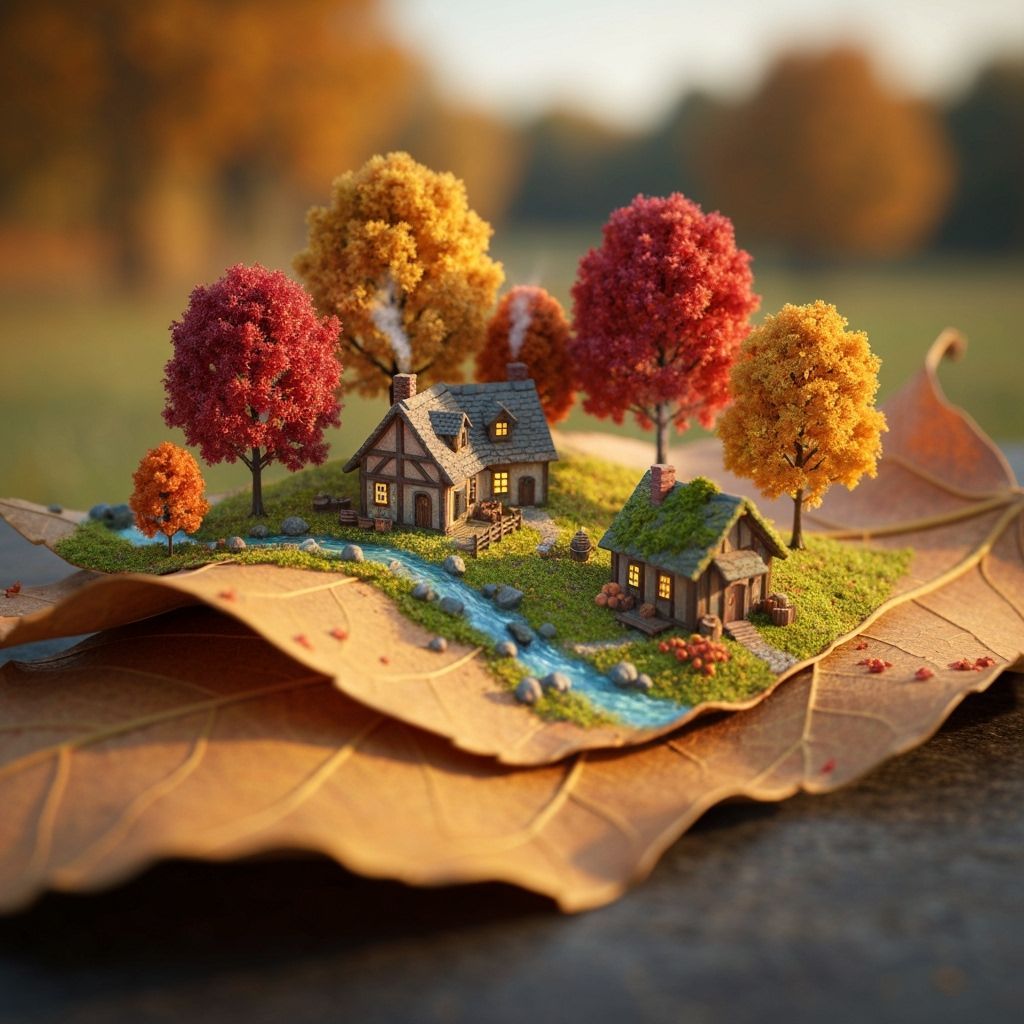 Cozy Autumn Village Diorama on a Fallen Leaf