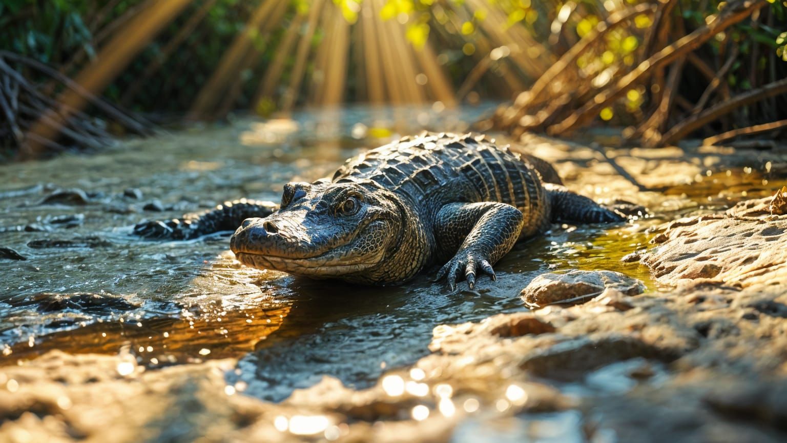 An American alligator is seen laying on the sand bank of a Louisiana bayou in the afternoon sun.