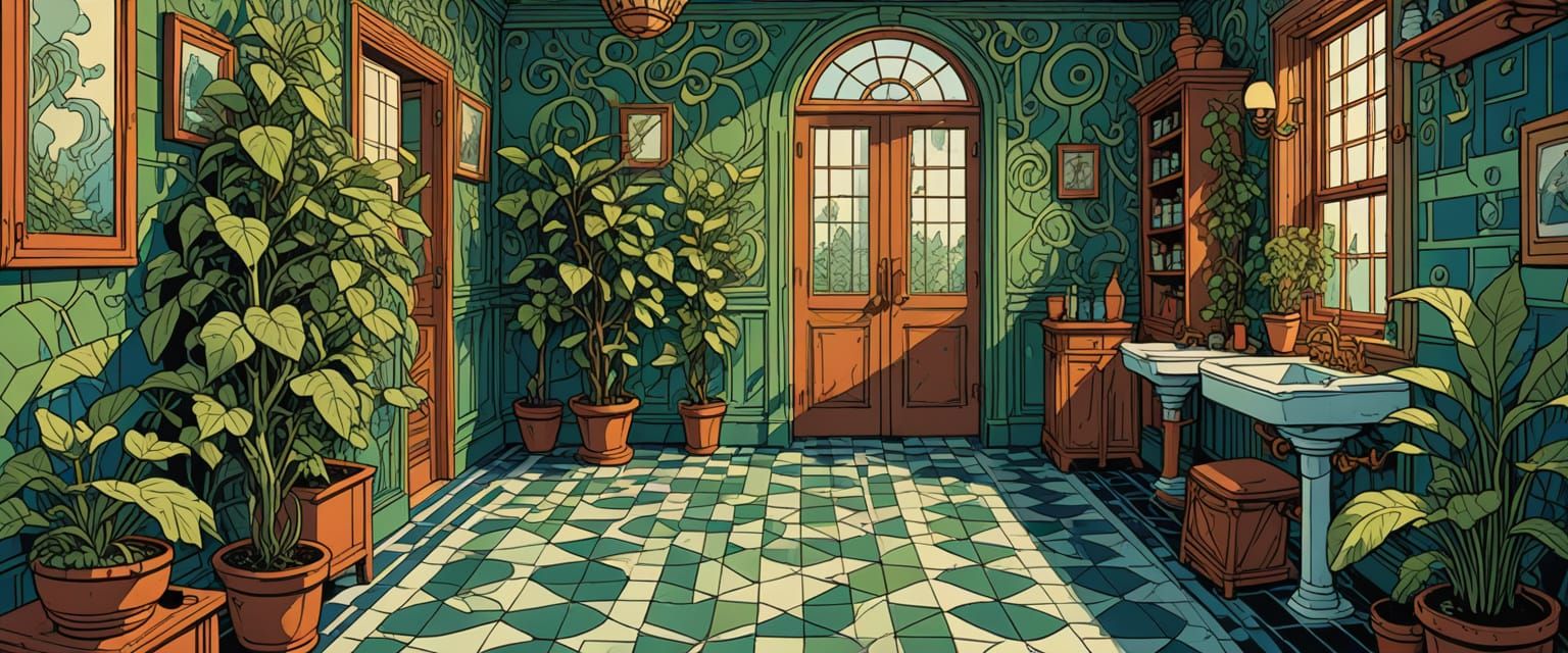 Bathroom Vines in Comic Book Style with Watercolor Textures