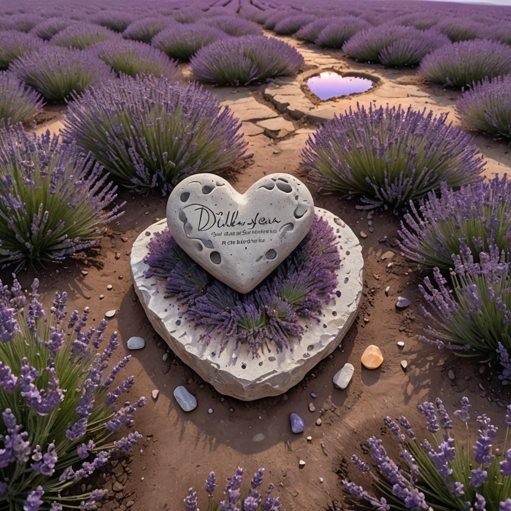Heart-Shaped Stone in Lavender Field at Sunset