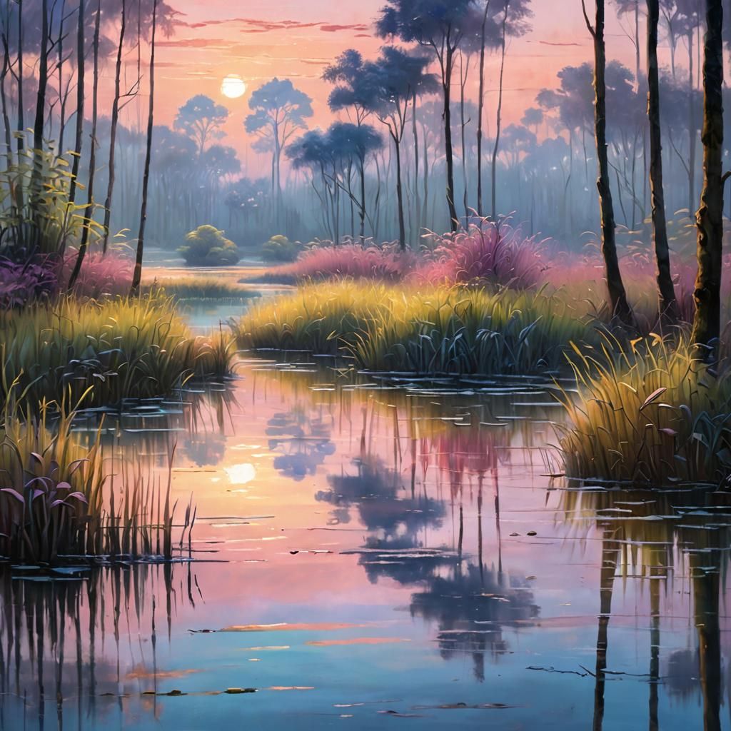 Calm Swamp at Dawn: Impressionistic Pastel Oil Painting