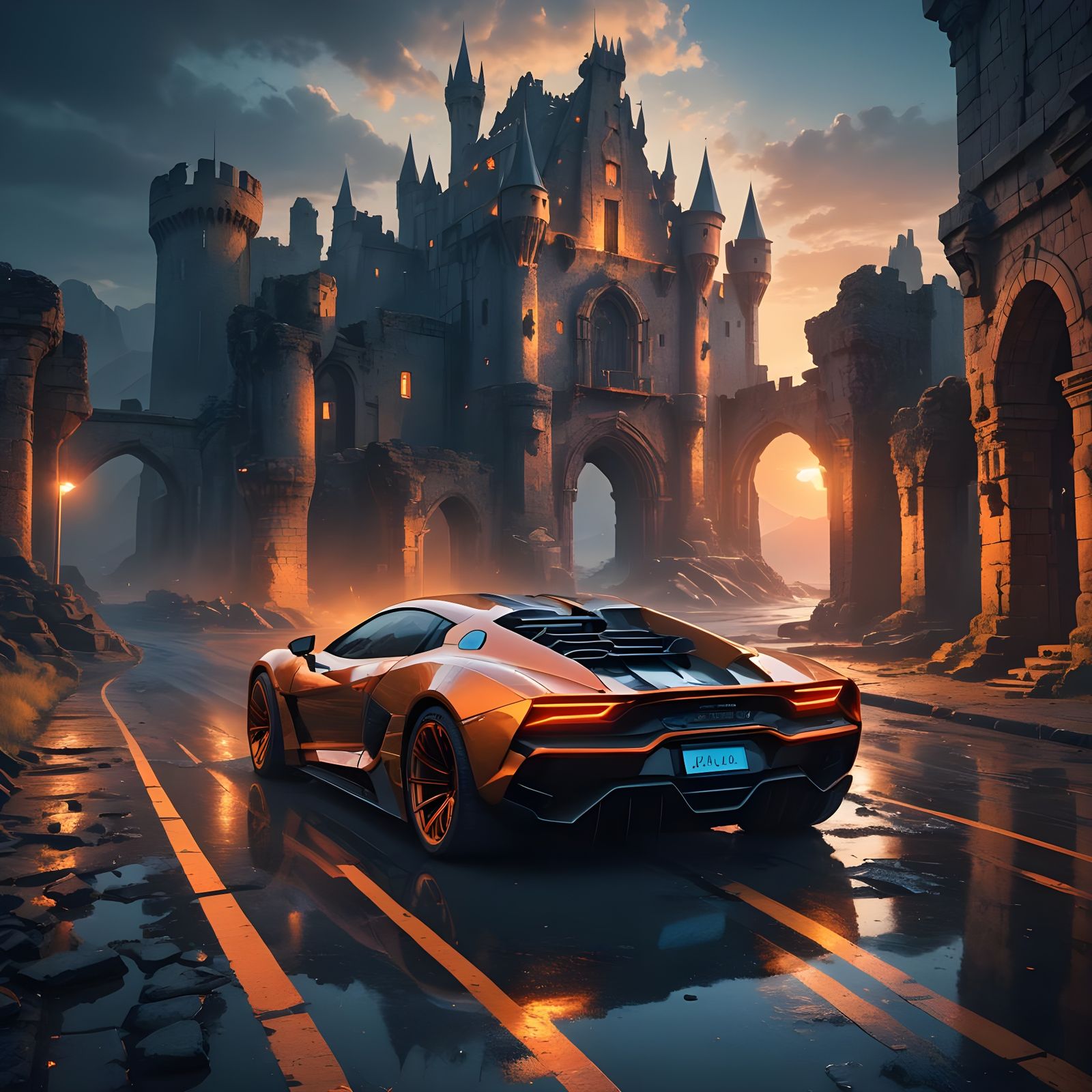 Futuristic Supercar with Ruined Castle, Digital Art