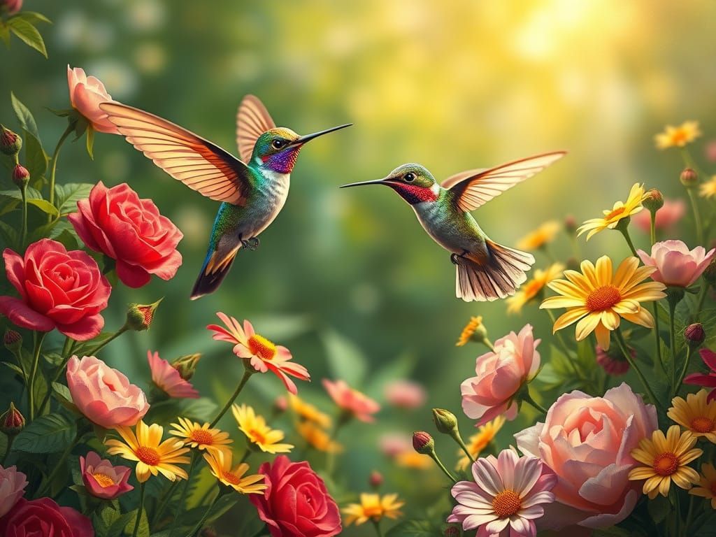 Surreal Hummingbird Hovers Over Vibrant Garden in Oil Painti...