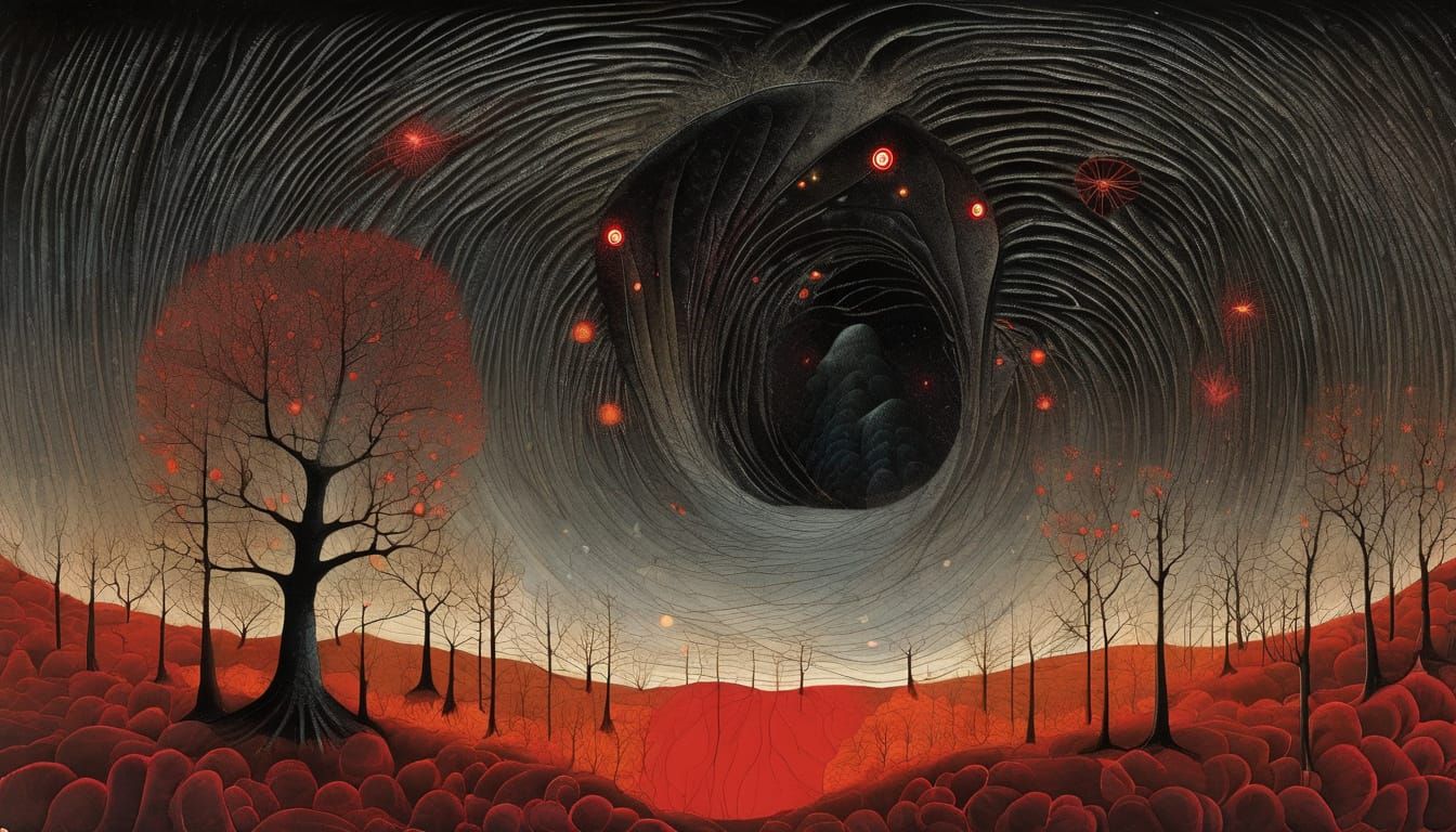 Gothic Portal of Red Veins in Basalt Landscape